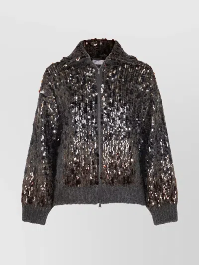 Brunello Cucinelli Embellished Crewneck Knitwear With Ribbed Accents In Black