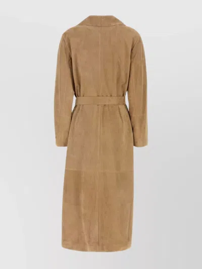 Fendi Suede Coat With Belted Waist And Lapel Collar In Brown
