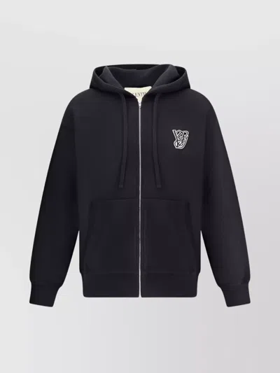 Valentino Garavani Brushed Cotton Hoodie With Vg Patch In Black