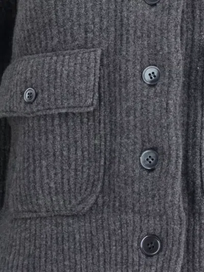 Thom Browne Ribbed Knit Wool Jacket With Striped Detail In Gray
