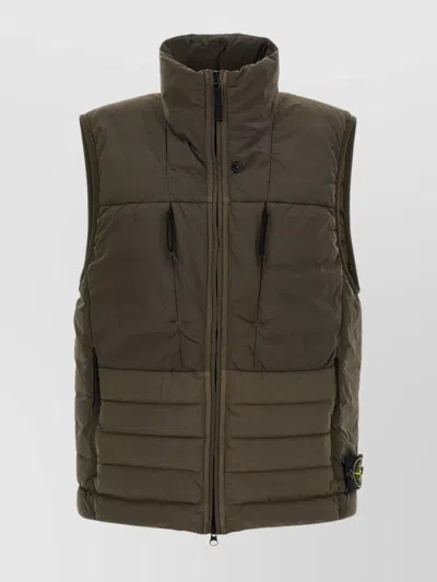 Stone Island Quilted High Collar Sleeveless Side Pockets Vest In Brown