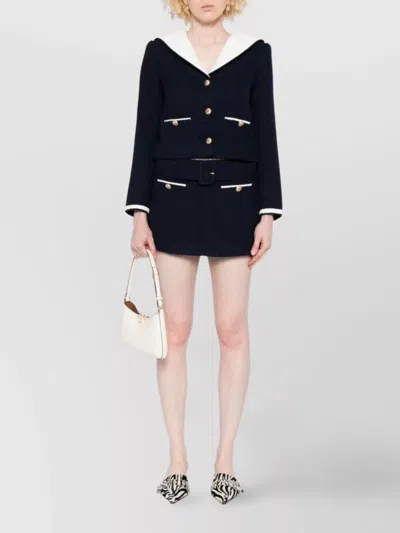 Self-portrait Belted Waist Short Jacket With Stripe Trim In Blue