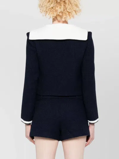 Self-portrait Belted Waist Short Jacket With Stripe Trim In Blue