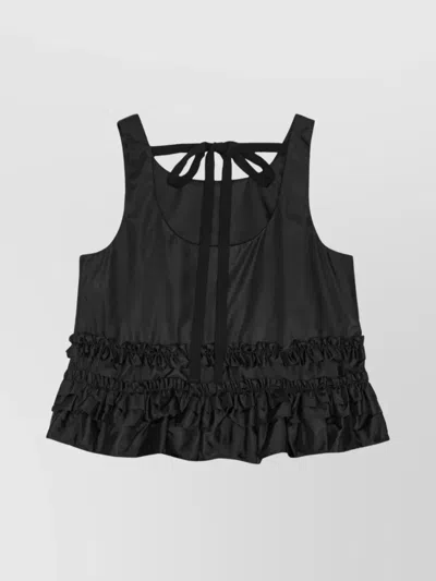 Ganni Checkered Tank Top Featuring Ruffle Detailing In Black
