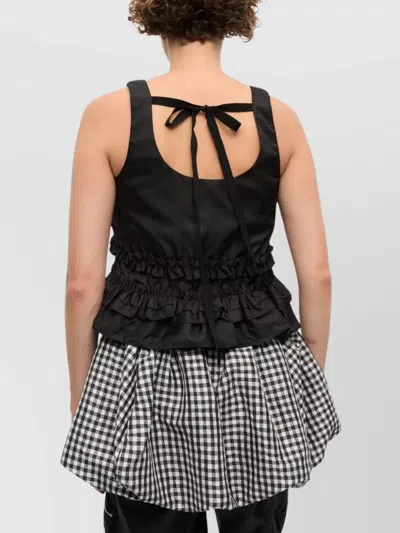 Ganni Checkered Tank Top Featuring Ruffle Detailing In Black