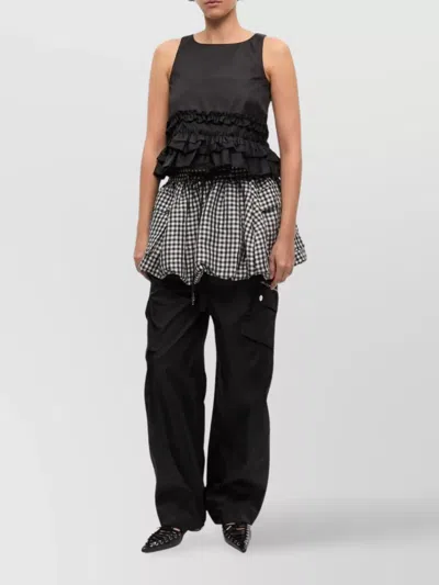 Ganni Checkered Tank Top Featuring Ruffle Detailing In Black