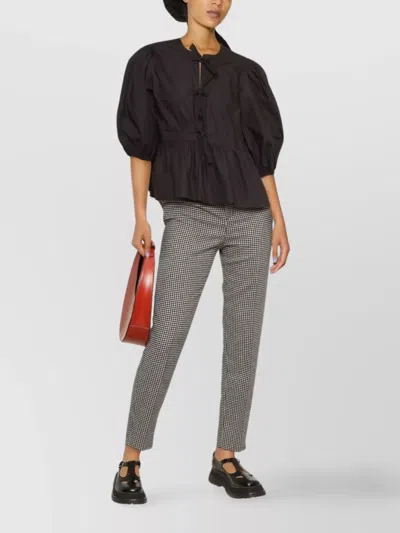 Ganni Cotton Peplum Top With Bow And Flounces In Black