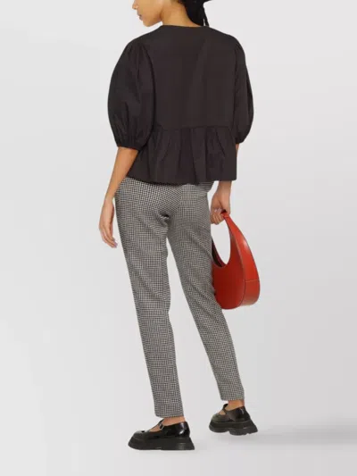 Ganni Cotton Peplum Top With Bow And Flounces In Black