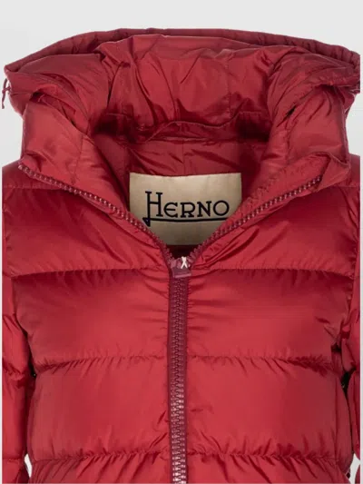 Herno Quilted Hooded Long Jacket In Red