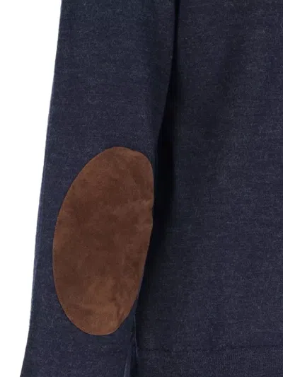 Maison Margiela Crewneck Sweater With Ribbed Cuffs And Elbow Patches In Blue