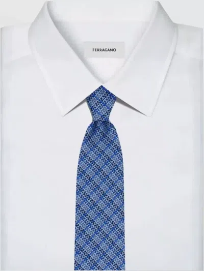 Ferragamo Cravatta Arazzo In Seta Stampa Gancini Chain In Blue