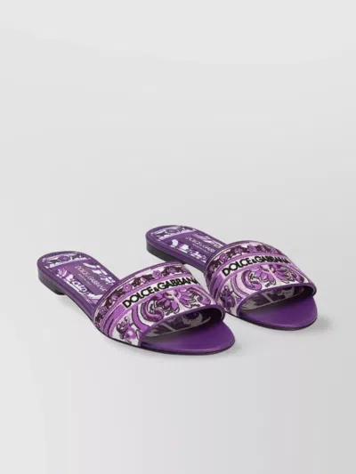 Dolce & Gabbana Violet Sandals With Logo Embroidery On The Front And All-over Majolica Motif In Cotton Blend Woman In Purple