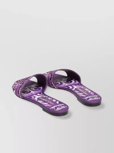 Dolce & Gabbana Violet Sandals With Logo Embroidery On The Front And All-over Majolica Motif In Cotton Blend Woman In Purple