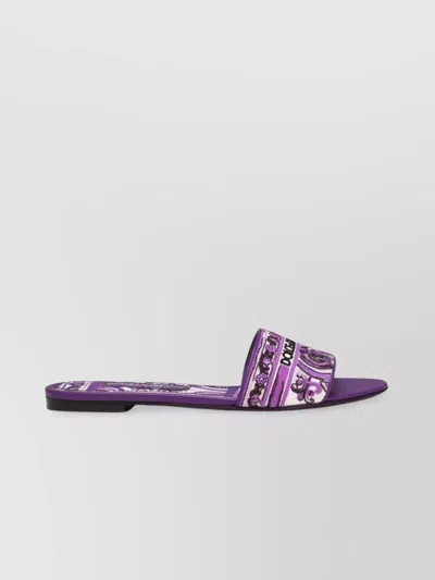 Dolce & Gabbana Violet Sandals With Logo Embroidery On The Front And All-over Majolica Motif In Cotton Blend Woman In Purple