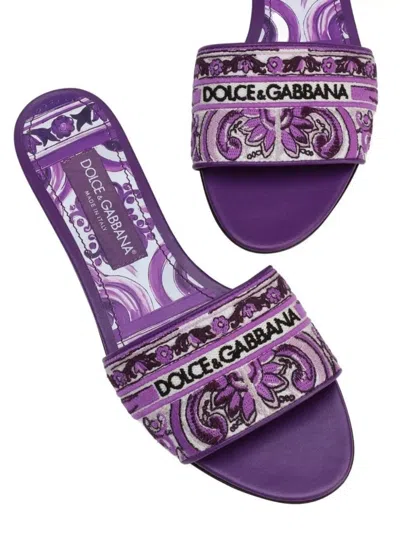 Dolce & Gabbana Violet Sandals With Logo Embroidery On The Front And All-over Majolica Motif In Cotton Blend Woman In Purple