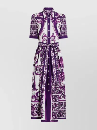 Dolce & Gabbana Collar Dress With Waist Knot And Majolica Print In Purple