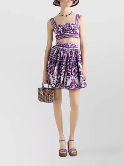 Dolce & Gabbana Violet Pleated Miniskirt With Rear Zip Closure And All-over Graphic Print In Cotton Woman In Pink