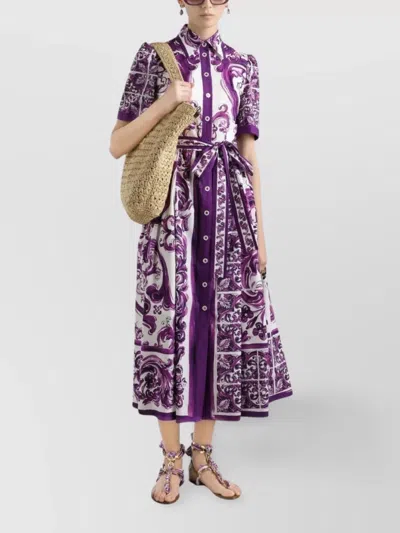 Dolce & Gabbana Collar Dress With Waist Knot And Majolica Print In Purple