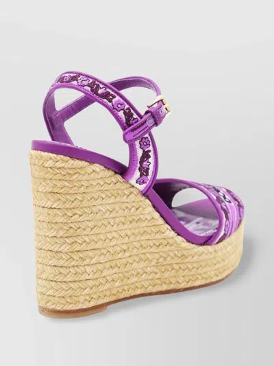 Dolce & Gabbana Violet Wedges With Logo Embroidery On The Front And All-over Majolica Motif In Cotton Blend Woman In Purple
