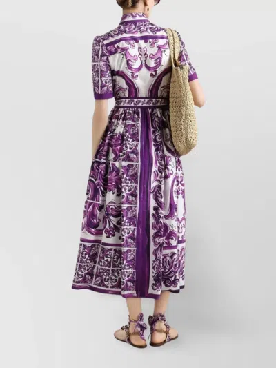 Dolce & Gabbana Collar Dress With Waist Knot And Majolica Print In Purple
