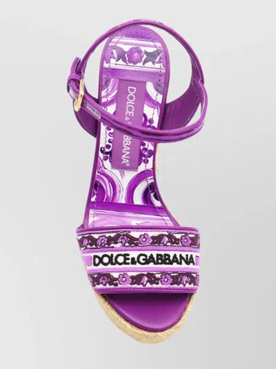 Dolce & Gabbana Violet Wedges With Logo Embroidery On The Front And All-over Majolica Motif In Cotton Blend Woman In Purple