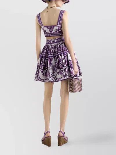Dolce & Gabbana Violet Pleated Miniskirt With Rear Zip Closure And All-over Graphic Print In Cotton Woman In Pink