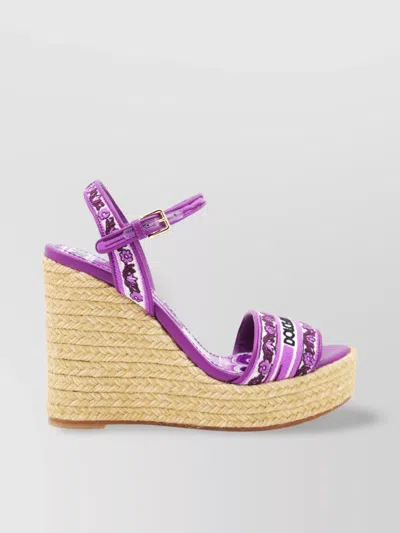 Dolce & Gabbana Violet Wedges With Logo Embroidery On The Front And All-over Majolica Motif In Cotton Blend Woman In Purple