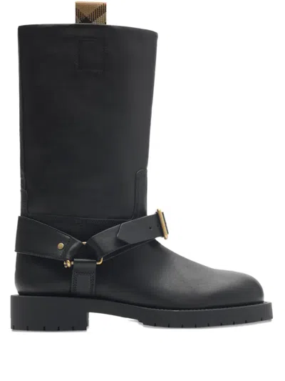 Burberry Strap Detail Leather Boots In Black