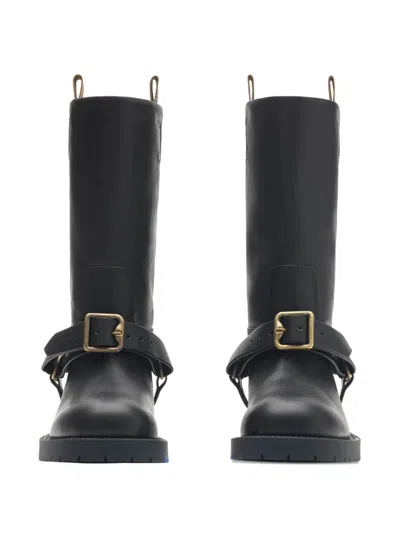 Burberry Strap Detail Leather Boots In Black