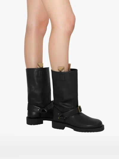 Burberry Strap Detail Leather Boots In Black