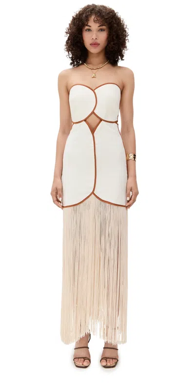 Azulu Joaquina Linen Fringe Strapless Midi Dress In Pink