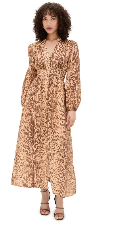 Zimmermann Cascadian Leopard Print Long Sleeve Linen Midi Dress In Brown