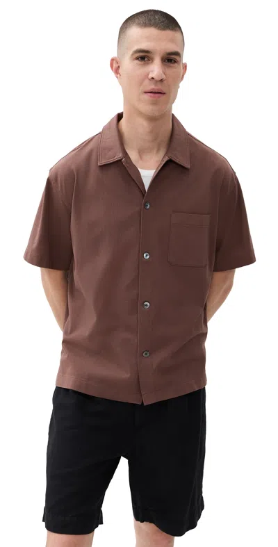 Frame Short Sleeve Light Pique Button Down Polo Mauve In Brown