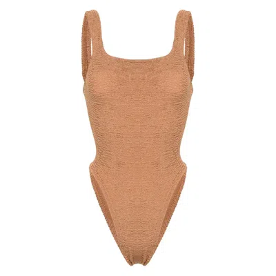 Hunza G Crinkled-effect Open-back Swimsuit In Brown