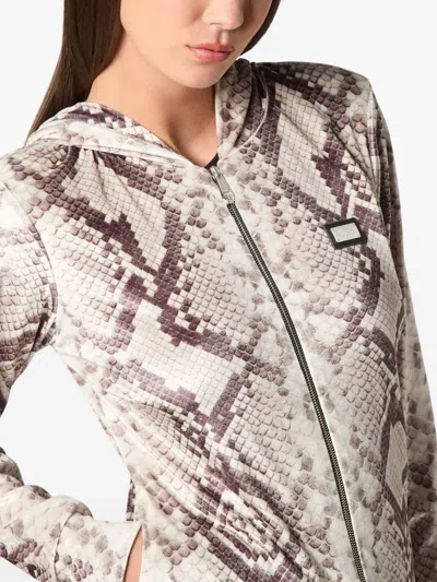 Philipp Plein Python-print Zip-up Hoodie In Neutral