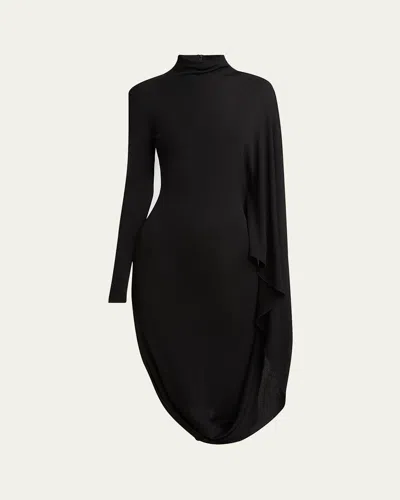 Stella Mccartney Black Asymmetric Midi Dress With High Neck And One Cape Sleeve In Black