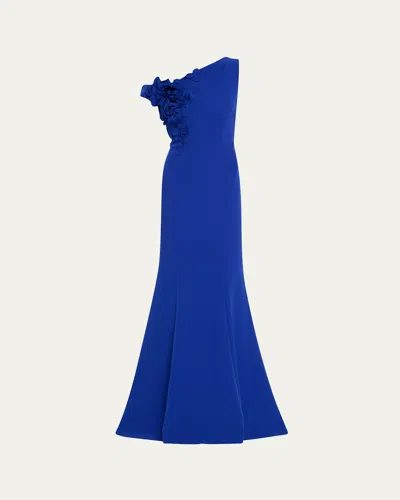 Rickie Freeman For Teri Jon One-shoulder Floral Applique Crepe Mermaid Gown In Blue