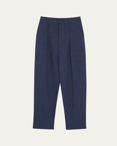 Bottega Veneta Melange Wool Drill Pleated Tapered-leg Trousers In Blue