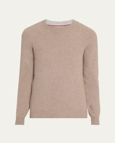 Brunello Cucinelli Men's Cashmere English Rib Crewneck Sweater In Gray