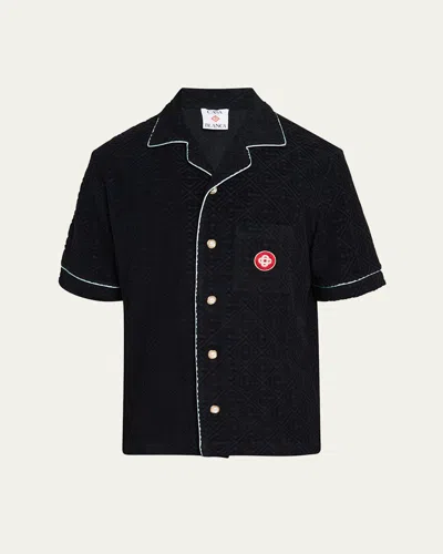 Casablanca Black Shirt With Classic Lapels And All-over Embossed Monogram In Black