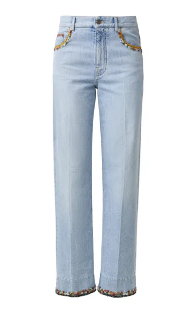 Valentino Womens Denim Blu Lav Chiaro Embroidered Straight-leg Denim Jeans In Blue