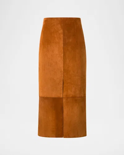 Akris Lamb Suede Slit Midi Pencil Skirt In Brown