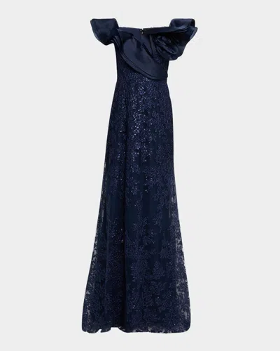 Rickie Freeman For Teri Jon Sequin Embroidered Organza & Tulle Gown In Blue
