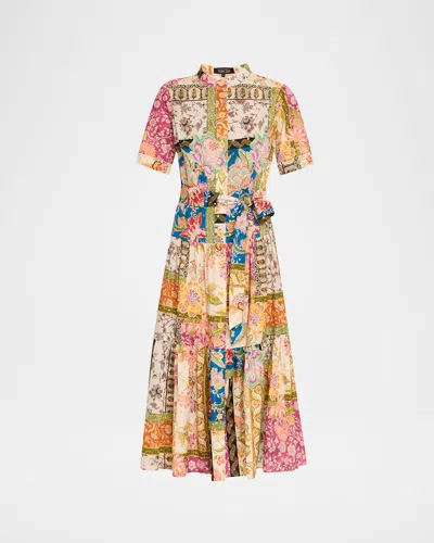Rickie Freeman For Teri Jon Tiered Patchwork Floral-print Midi Shirtdress In Multi