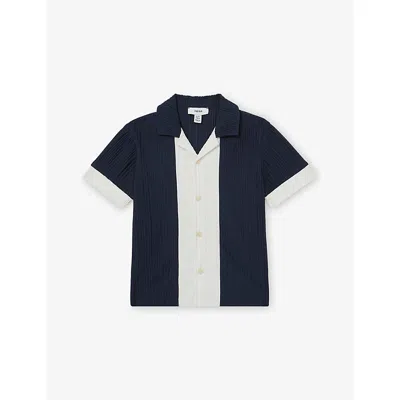 Reiss Navy White Colour-block Plissé Woven Shirt 3 In Blue