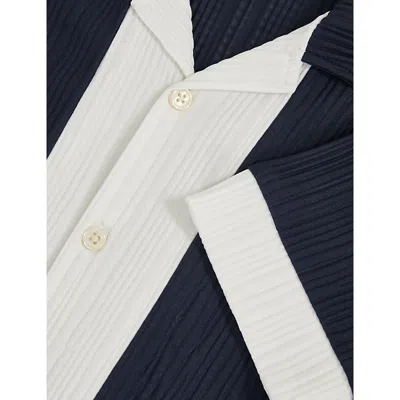 Reiss Navy White Colour-block Plissé Woven Shirt 3 In Blue