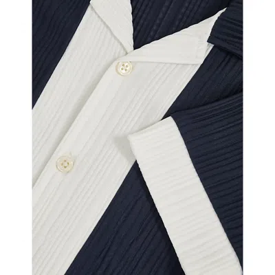 Reiss Navy White Colour-block Plissé Woven Shirt 3