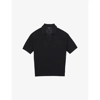 Reiss Mens Navy Banks Open-collar Jacquard Knitted Polo In Black