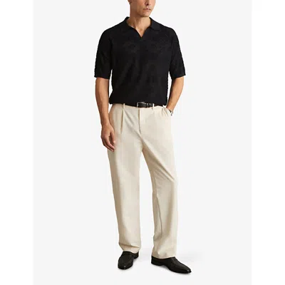 Reiss Mens Navy Banks Open-collar Jacquard Knitted Polo In Black