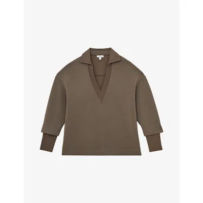Reiss Womens Khaki Green Bernie Open-collar Relaxed-fit Stretch-woven Jumper In Brown